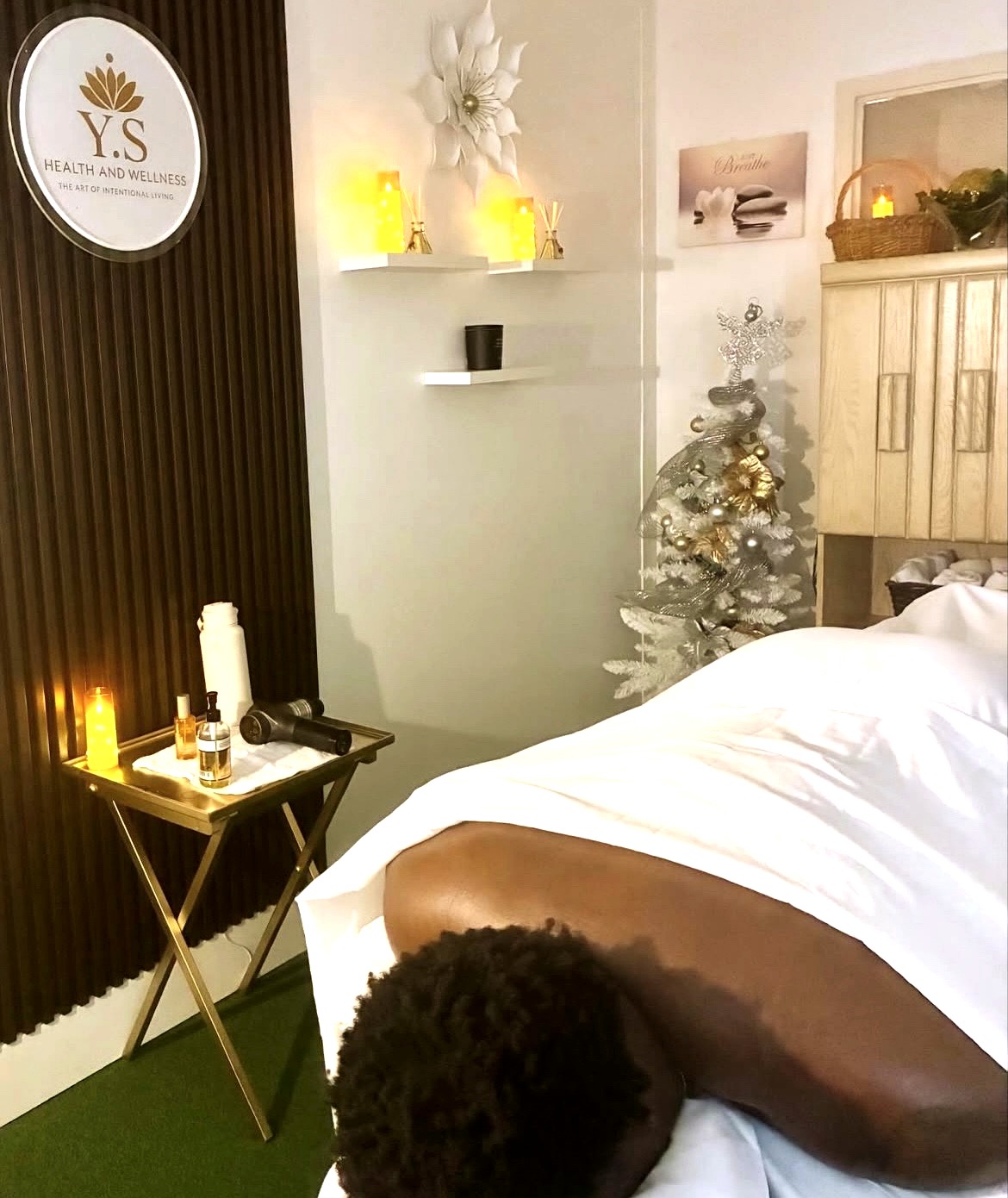 Gold treatment tray with oils and candles at Y.S Health and Wellness
